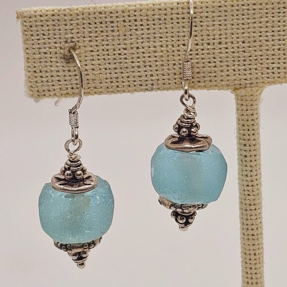 Recycled Grn Vintage Ghana Glass Beads Hill Tribe Sterling Earrings - Picture 4 of 8